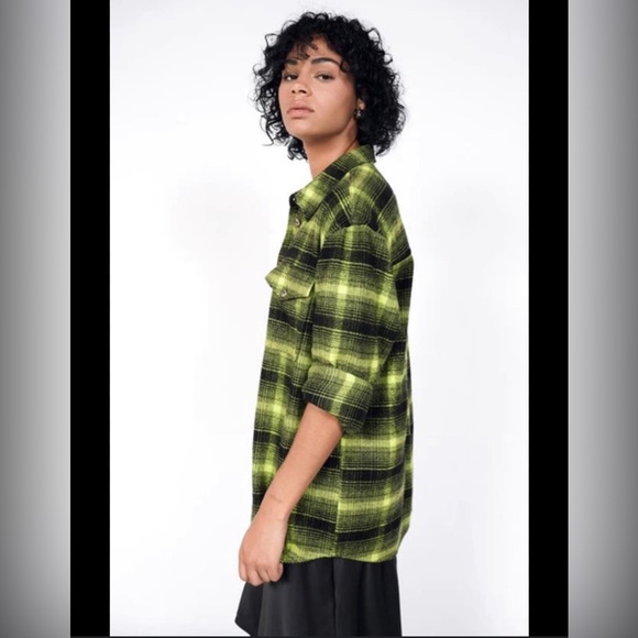 BP + Wild Fang Oversized Highlighter Green Plaid Collared Button Down Flannel - Picture 4 of 8